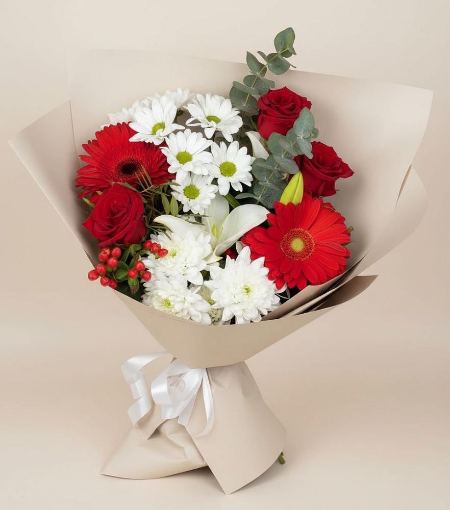 Букет цветов из: Розы, Хризантемы, Герберы и Лилии во Владикавказе